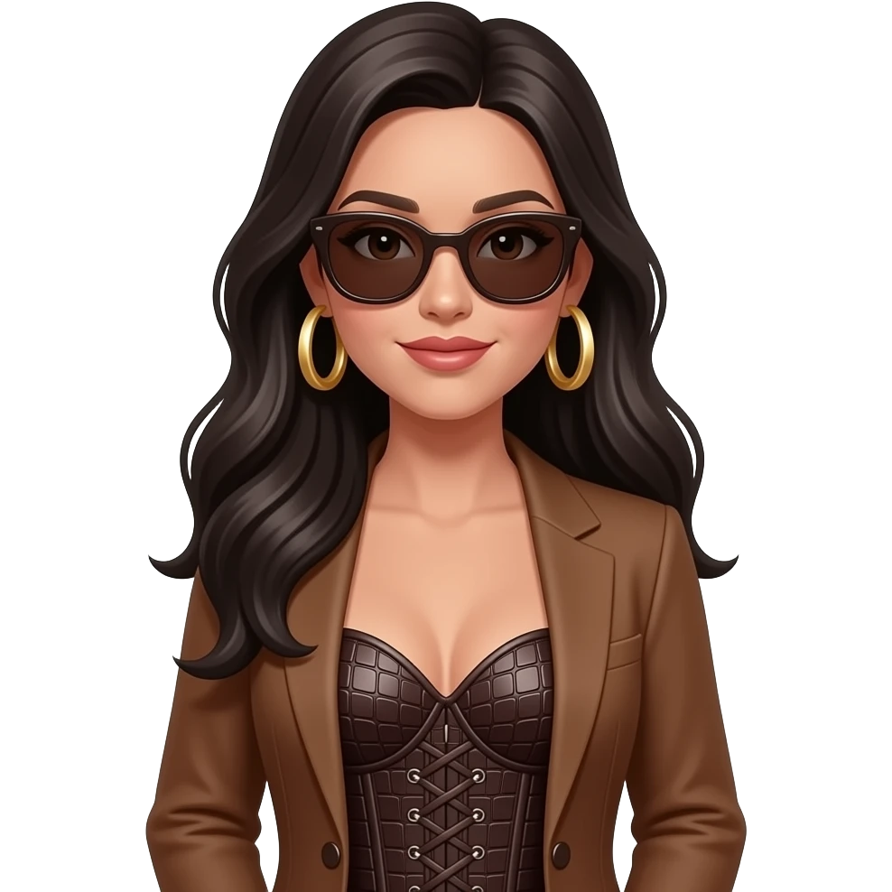 A woman with long dark hair, wearing sunglasses and a brown suit with a dark brown crocodile-patterned corset. She is accessorized with large gold hoop earrings emoji