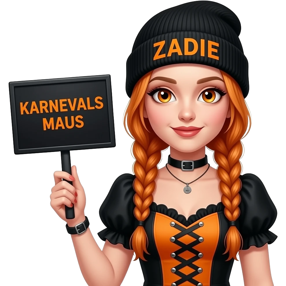 sexy girl with overlong ginger braids and ginger eyes wearing a halloween dress and a black beanie with ZADIE written on it, is holding a black sign with KARNEVALS MAUS written on it emoji