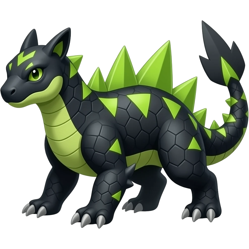 ancient black-scaled with neon-green triangular stripe markings digitigrade vintage futuristic raptorik fantasy-Cyberpunk-Steampunk-Solarpunk-Genesect-Salamence-Tyranitar-Brony-Vernid-Fionbri-Fakémon-animal-hybrid, full body emoji