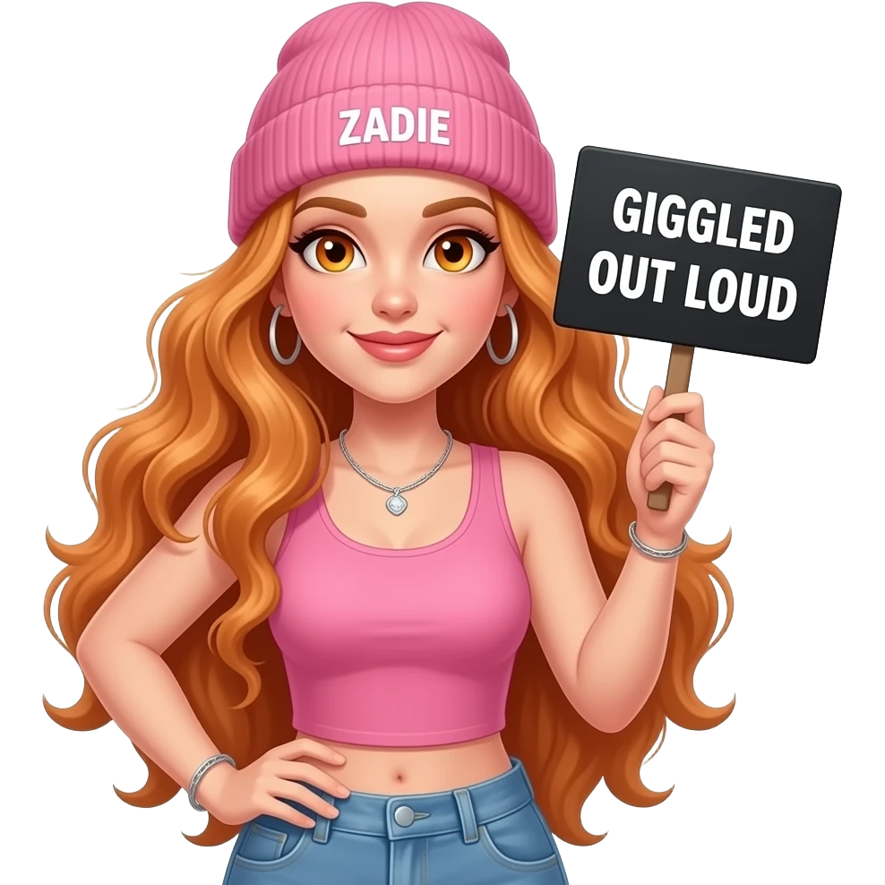 sexy girl with overlong wavy ginger hair and ginger eyes wearing a pink tanktop and a pink beanie with ZADIE written on it, is holding a black sign with GIGGLED OUT LOUD written on it emoji