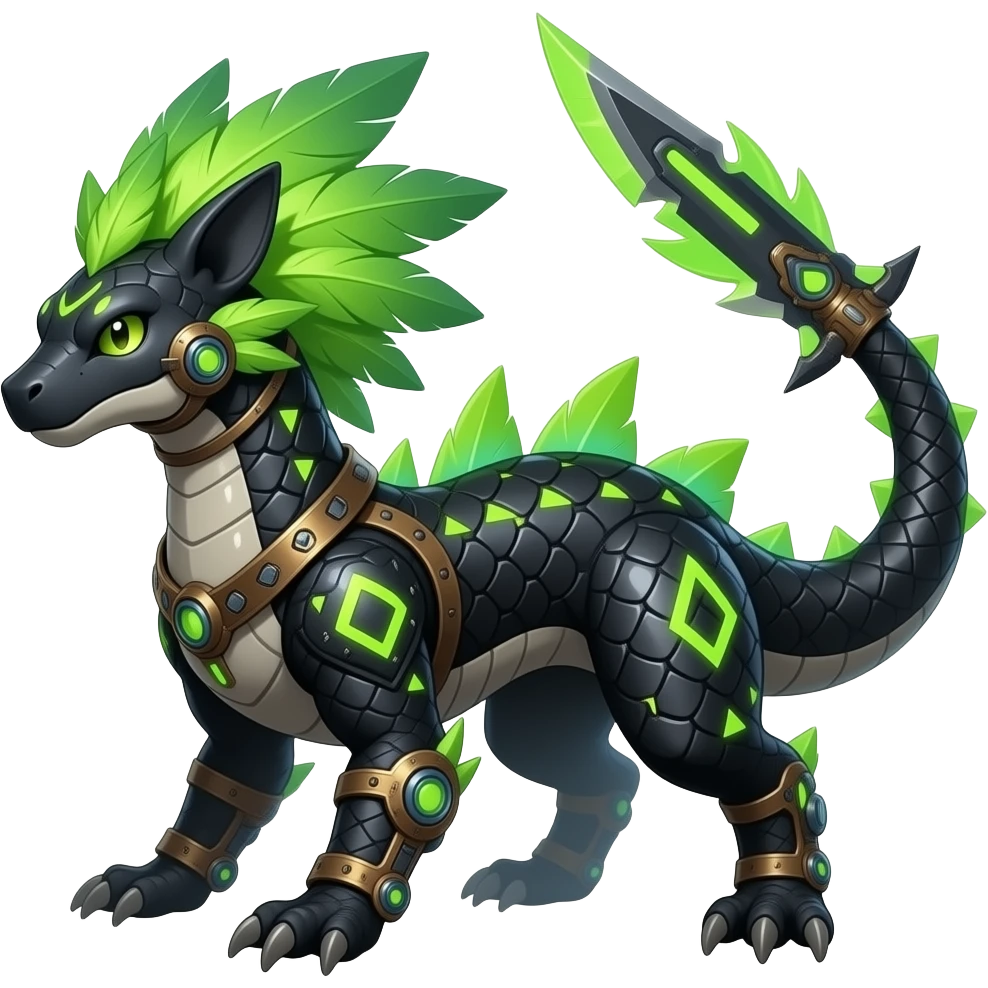 Cool edgy ancient black-scaled with neon-colored triangular stripe markings digitigrade bipedal vintage futuristic fantasy-Cyberpunk-Steampunk-Solarpunk-Genesect-Salamence-Tyranitar-Vernid-Fionbri-Fakémon-animal-hybrid, with neon-green feather-mane, and a tail blade, back spikes, full body emoji