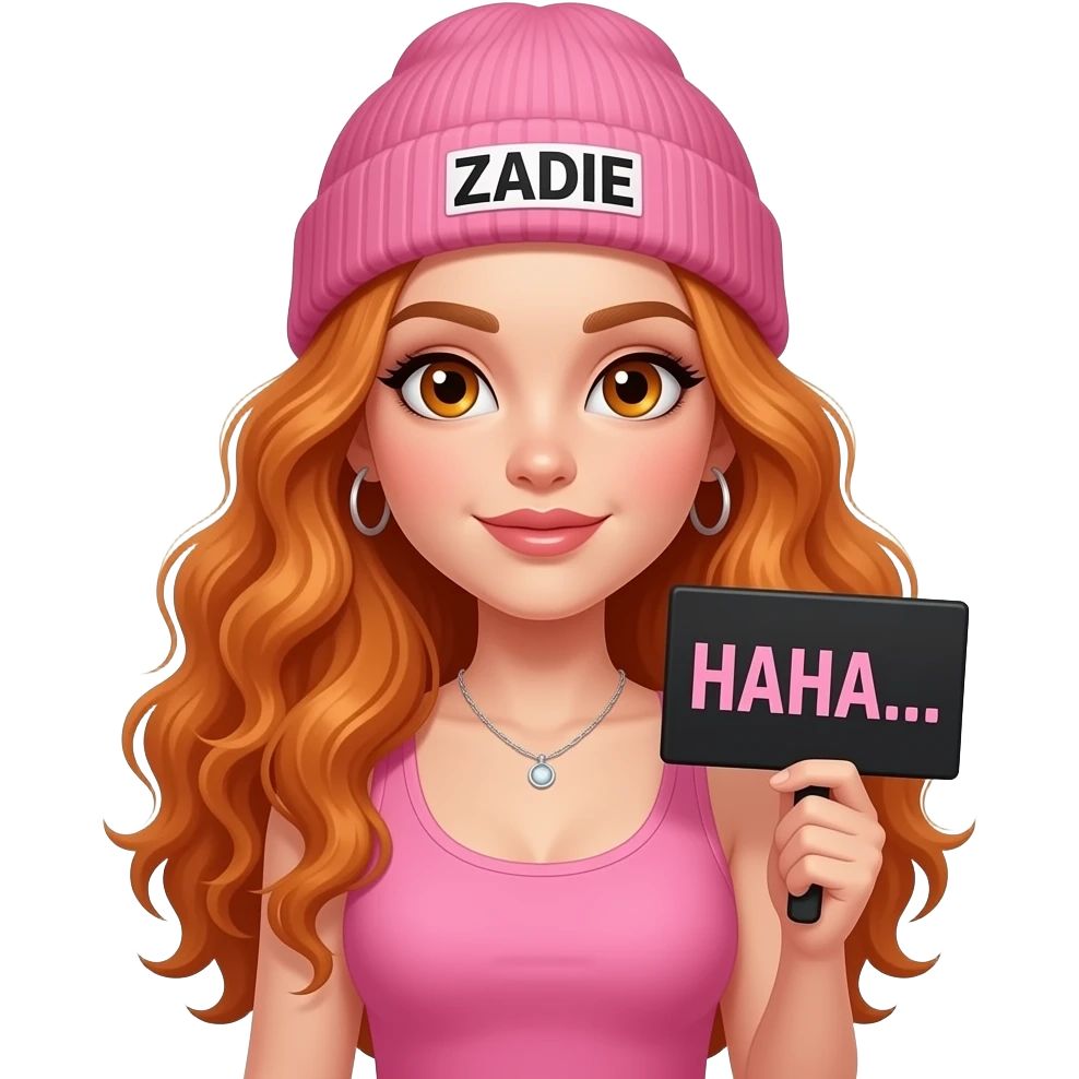 sexy girl with overlong wavy ginger hair and ginger eyes wearing a pink tanktop and a pink beanie with ZADIE written on it, is holding a black sign with HAHA... written on it emoji