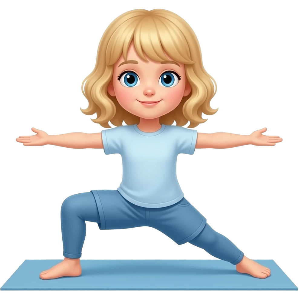 white kid blue eyes mid length hair to her shoulders with bangs soft curly hair to shoulders in color: middle to little darker blond, shoulder length. doing yoga emoji