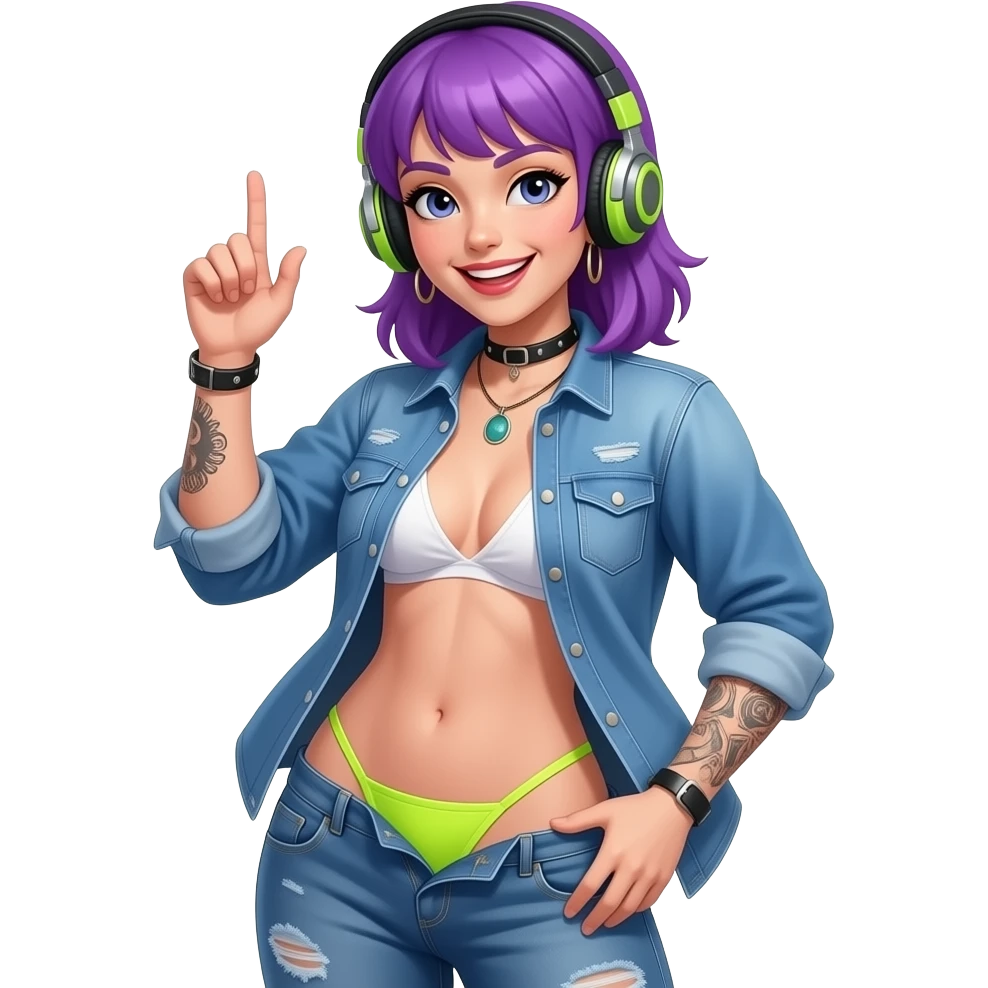 dancing headphones she gives a slightly flirtatious look smile full-body shot of a purple hair punk woman with her jeans unbuttoned neon yellow thong; denim shirt unbuttoned; no bra emoji