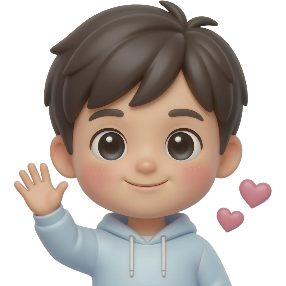 iOS-like 3D cute aegyo emoji, sparkling eyes, tiny cute mouth, soft blushing cheeks, one small hand waving beside the face, playful lovely expression, little floating hearts, soft rounded glossy texture, clean white background, centered composition, minimal cute icon style. emoji