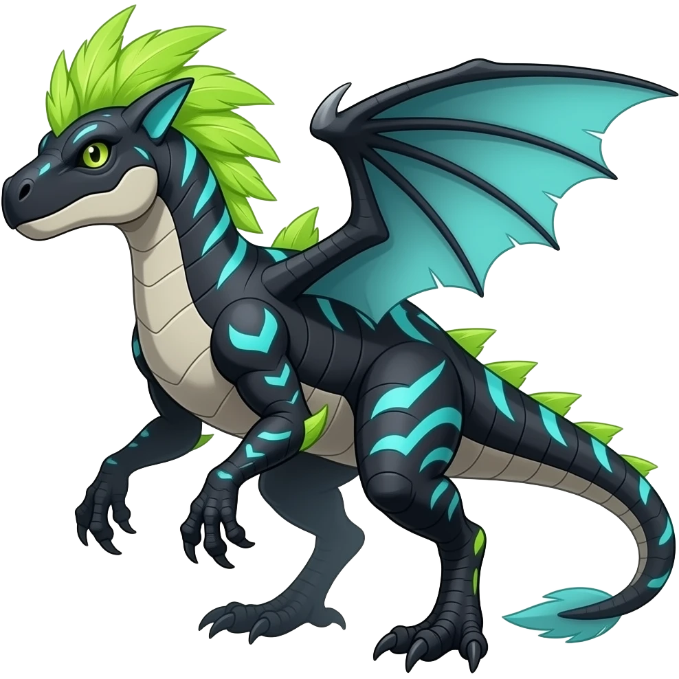 Cool edgy ancient black-scaled with neon-cyan stripe markings digitigrade bipedal vintage futuristic raptorik fantasy-Cyberpunk-Steampunk-Solarpunk-Genesect-Salamence-Cyclizar-Salazzle-Feraligatr-Fakémon-animal-hybrid, with neon feather-mane, and a tail blade, back spikes, full body emoji