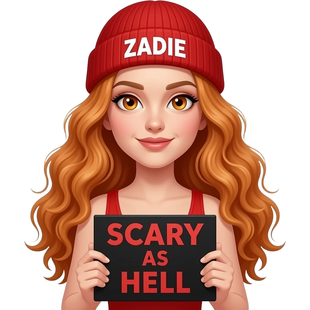 sexy girl with overlong wavy ginger hair and ginger eyes wearing a red tanktop and a red beanie with ZADIE written on it, is holding a black sign with SCARY AS HELL written on it emoji