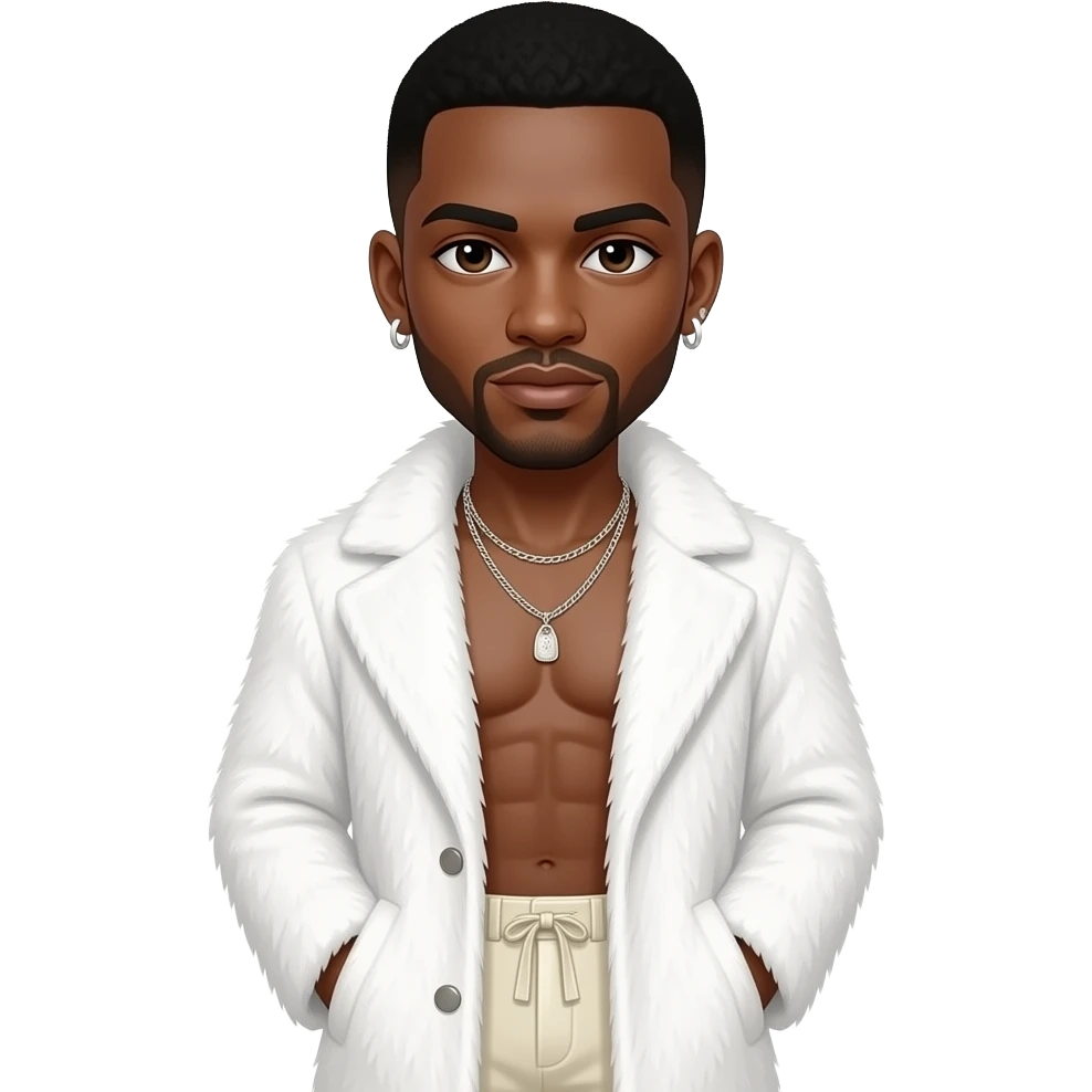 Marques Houston with dark brown eyes, black buzz cut hair, white fur coat, ivory metallic baggy pants, shirtless with necklace and earrings emoji