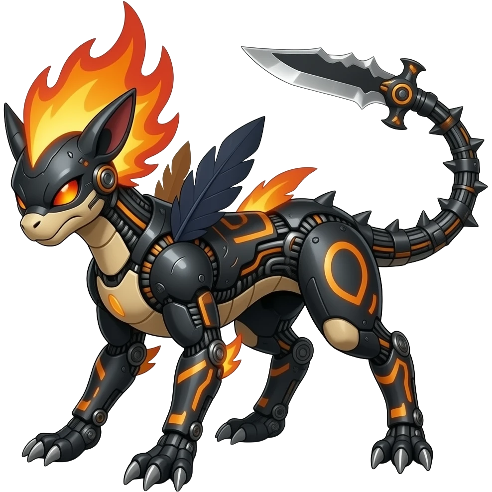 Cool edgy fiery bipedal scaly cybernetic visor-helmeted, Circuitry-patterned black-scaled digitigrade futuristic fantasy-Cyberpunk-Steampunk-Solarpunk-Genesect-Cyclizar-Salandit-Protogen-Fakémon-animal-hybrid, feathery, tail blade, back spikes emoji