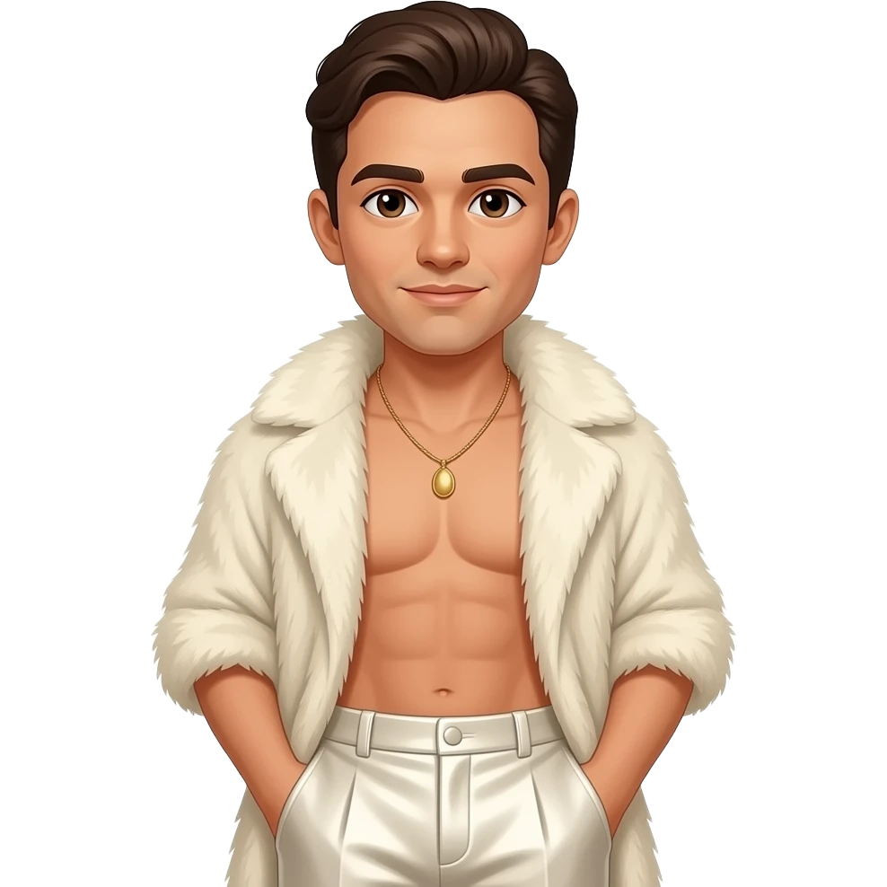 John Saxon with brown eyes, dark brown hair, ivory fur shawl, ivory metallic baggy pants, shirtless with necklace emoji
