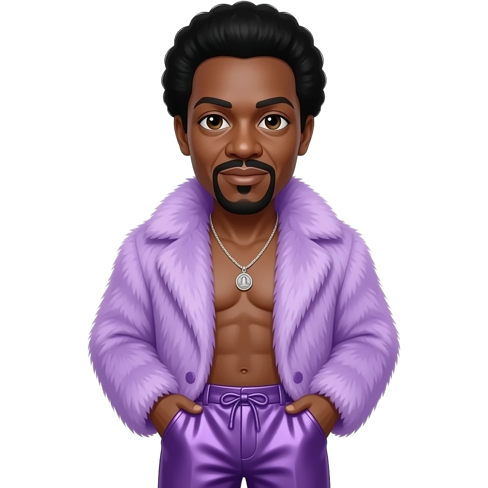 Ike Turner with brown eyes, black hair, lavender fur shawl, lavender metallic baggy pants, shirtless with necklace emoji