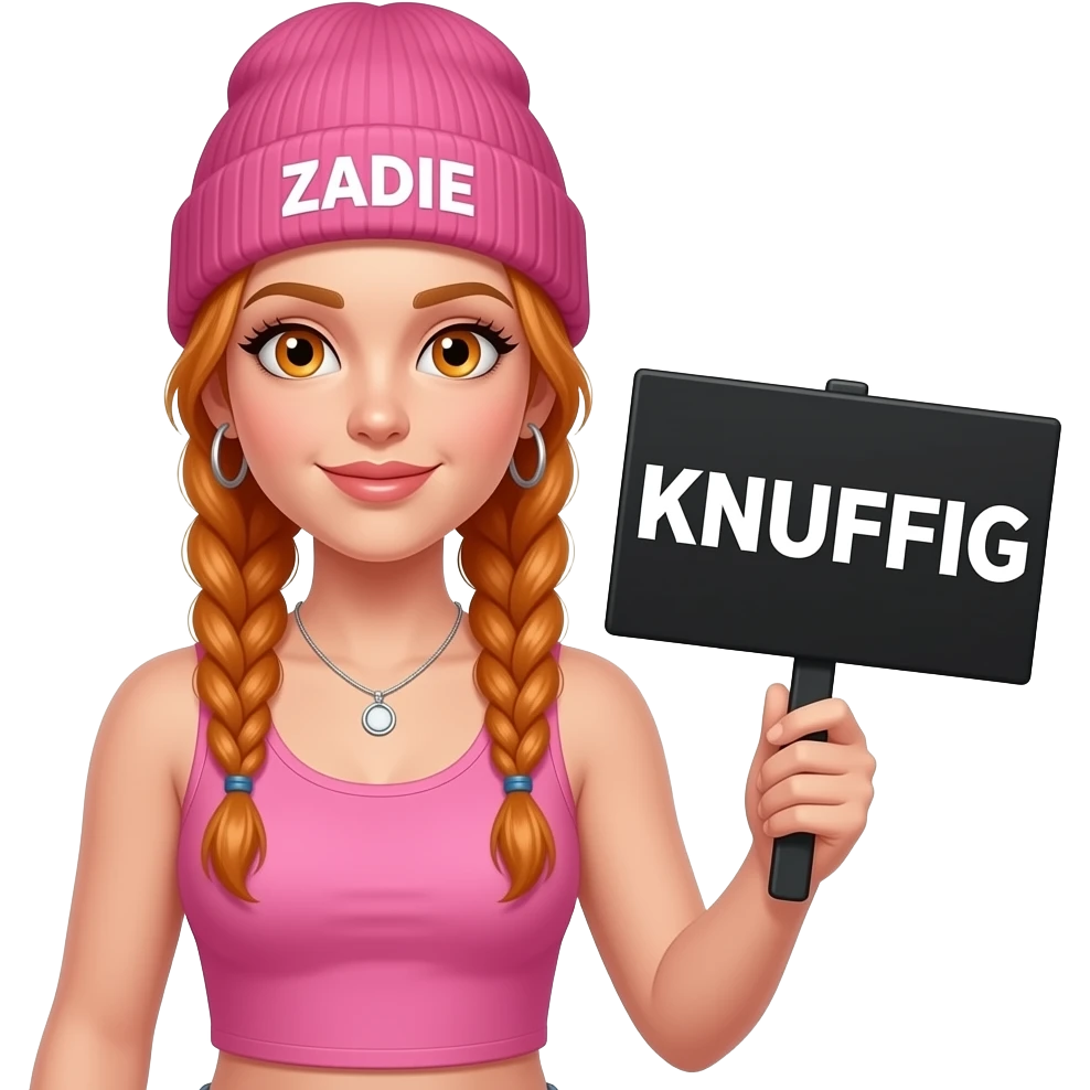sexy girl with overlong ginger braids and ginger eyes wearing a pink tanktop and a pink beanie with ZADIE written on it, is holding a black sign with KNUFFIG written on it emoji