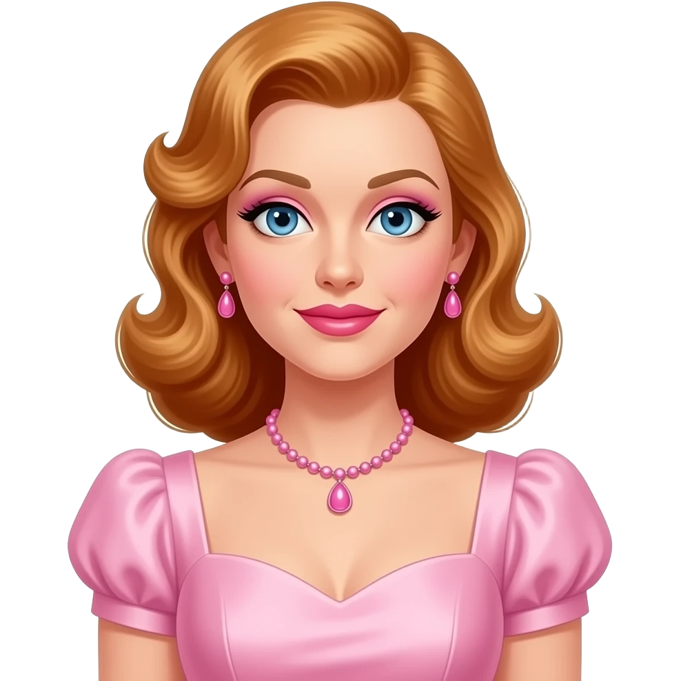 Ginger Rogers with blue eyes, long 1940s ginger blonde hair, pink eyeshadow and lipstick, light pink silk sweetheart sleeve dress, pink necklace and earrings emoji