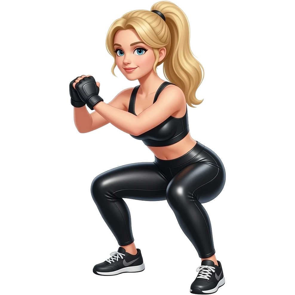 Blonde girl in shiny leather leggings doing squats emoji
