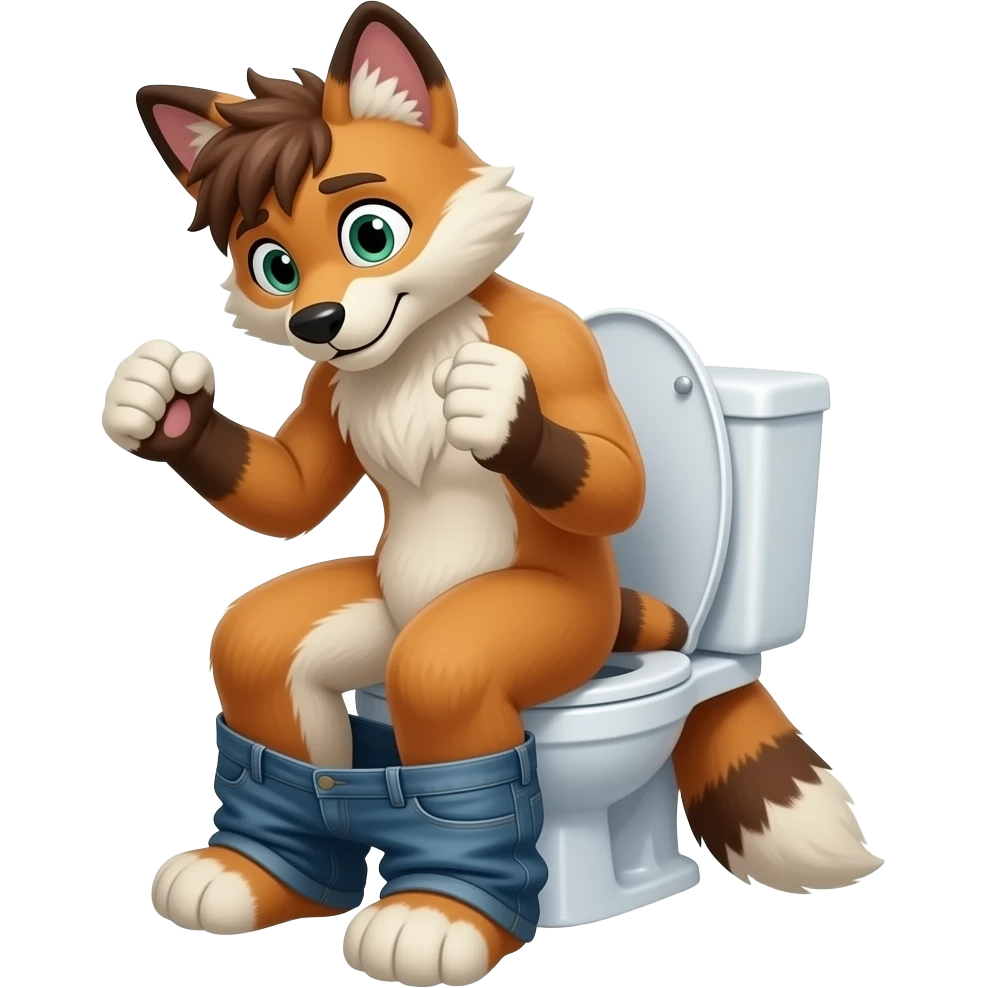 fursuit sitting on toilet, pants down, side view , both fists , uncomfortable,  close up emoji