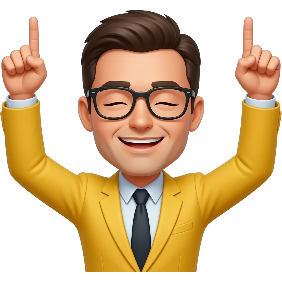 Emojis jaune blazer avec les deux bras levés vers le ciel, les index pointés vers le haut, visage soulagé les yeux fermé, fond blanc, style autocollant, avec l’emoji de base que la tête et le bras emoji