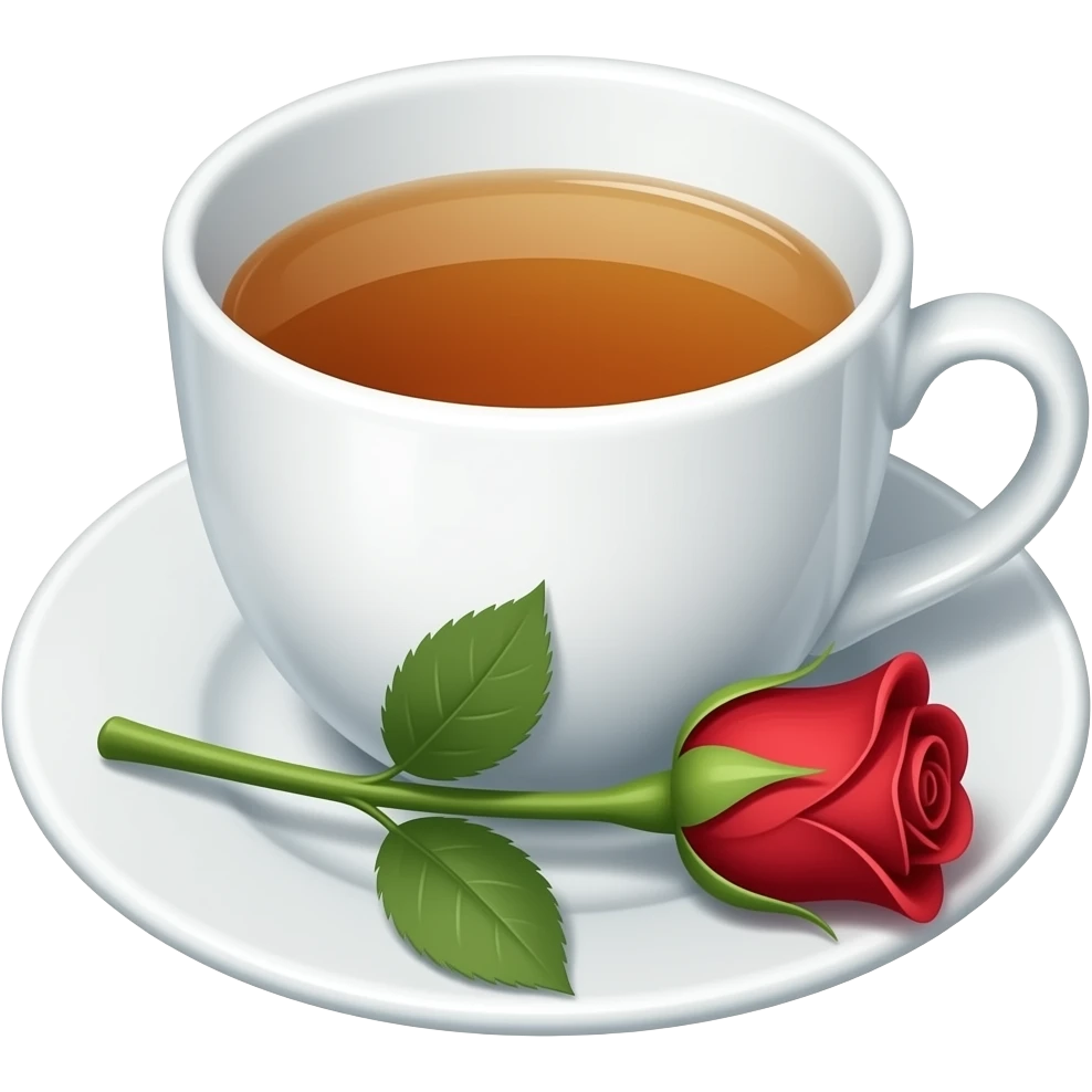 一个白色盘子上有一个白色茶杯，里面装着茶，盘子上还有一朵玫瑰花跟两三片叶子，玫瑰花没有茎 emoji