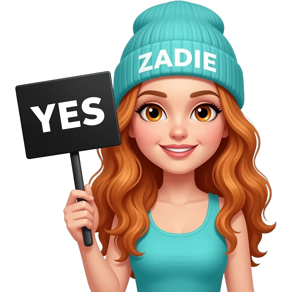 sexy girl with overlong wavy ginger hair and ginger eyes wearing a turquoise tanktop and a turquoise beanie with ZADIE written on it, is holding a black sign with YES written on it emoji