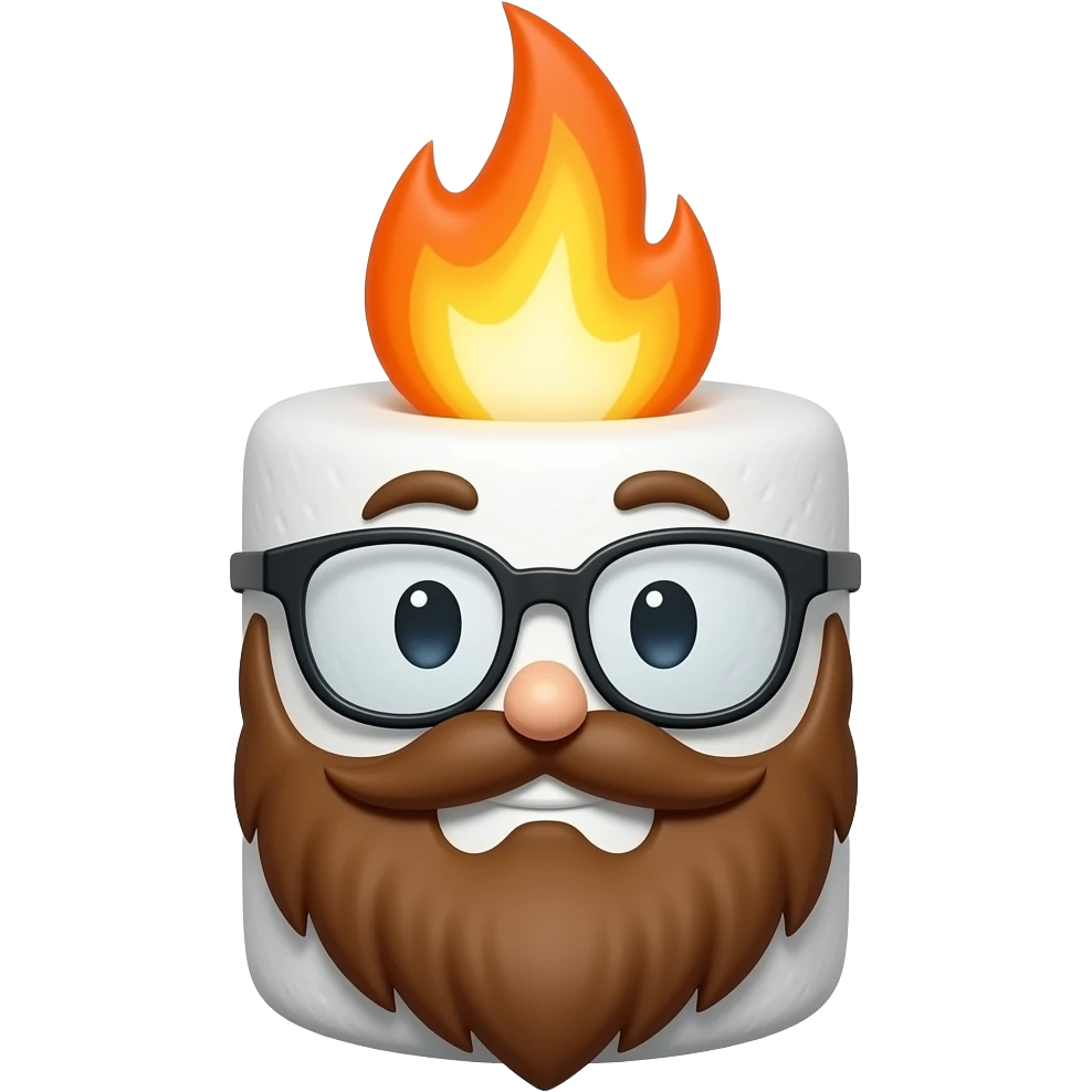 marshmallow on fire with brown beard and glasses, just marshmallow emoji