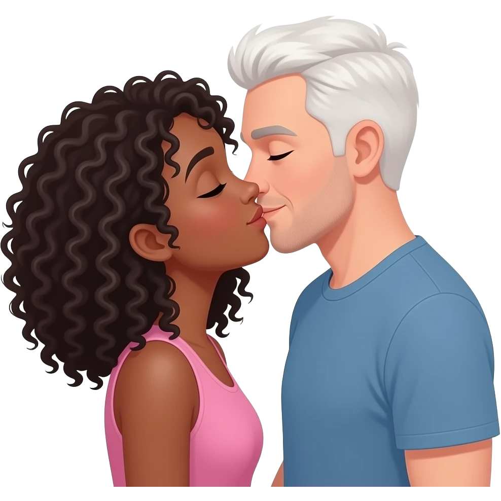 Besos de pareja chica morena con cabello rizado y hombre blanco cabello corto emoji