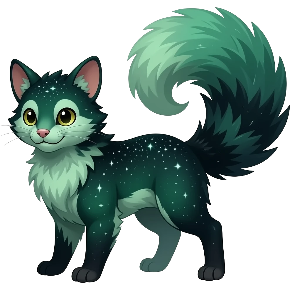 Hyper realistic forest-hunger-green-emerald-green-onyx-black-gradient velvet fur soaked in starlight glitter and shadow gradients beautiful elegant pretty precious cute Fakémon-Pokémon-opossum-Lykoi-genet-civet-serval-caracal-chinchilla-Furret-hybrid-creature with a big fluffy bushy tail (full body) emoji