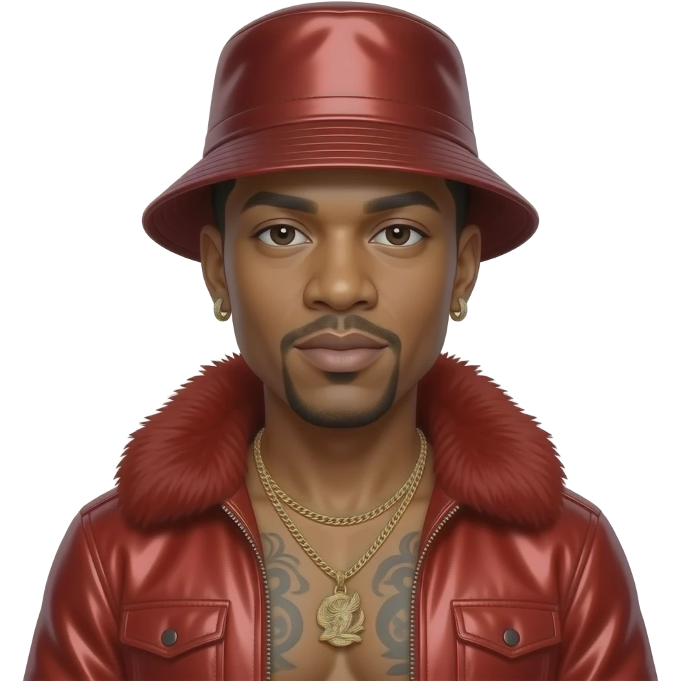 LL Cool J with brown eyes, black buzz cut hair, crimson metallic bucket hat, crimson fur shawl, crimson metallic baggy pants, shirtless with necklace and earrings emoji