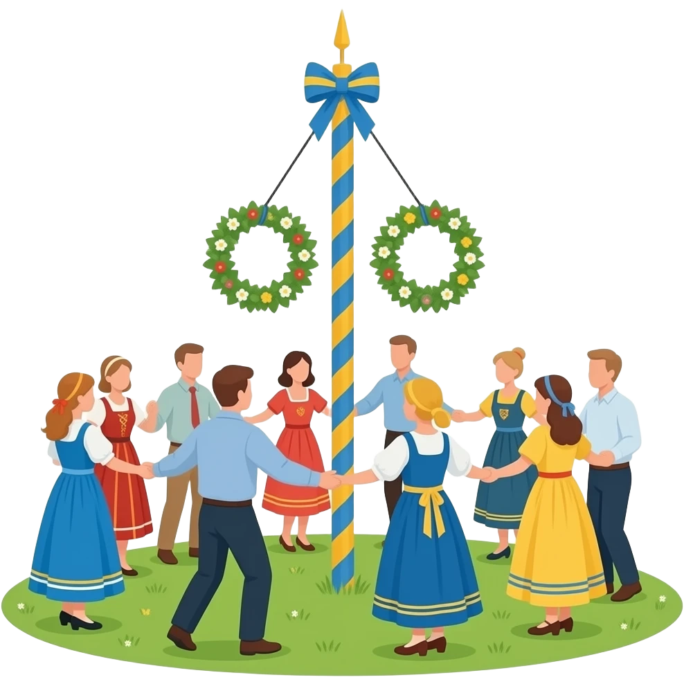 People dancing around big maypole for midsummer Sweden emoji