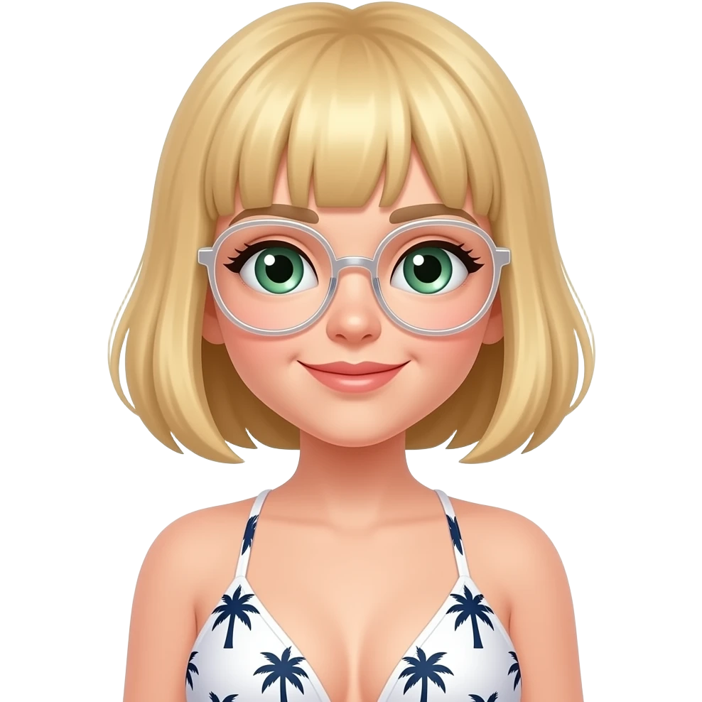 Girl at the beach, blonde short hair with bangs, green eyes, and clear glasses, and having a bikini on that is white with dark blue palms on them emoji