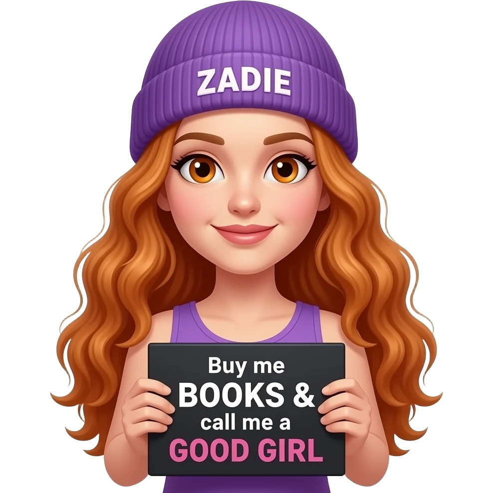sexy girl with overlong wavy ginger hair and ginger eyes wearing a purple tanktop and a purple beanie with ZADIE written on it, is holding a black sign with Buy me BOOKS & call me a GOOD GIRL written on it emoji