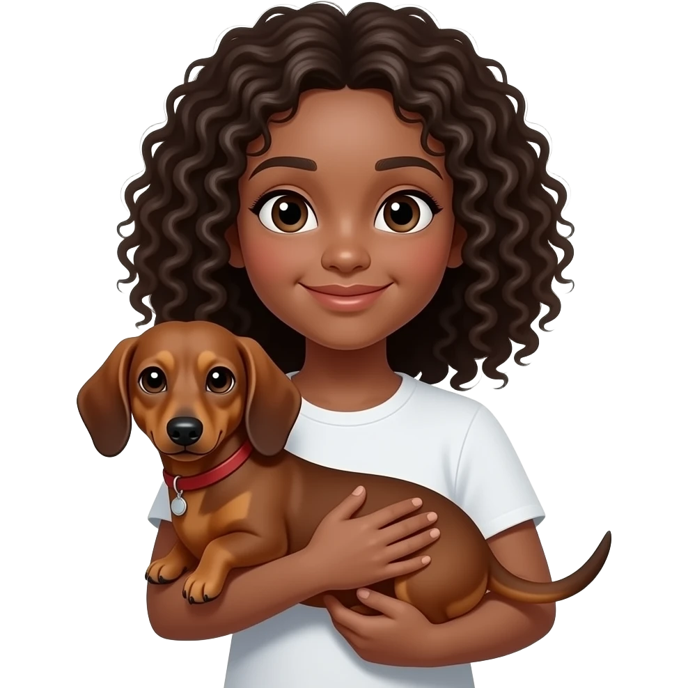 Quiero un emoji de una niña de pelo risado con un perro salchicha en brazos de el cabello oscuro por favor el perro cafe entero y el pelo mas ondulado emoji