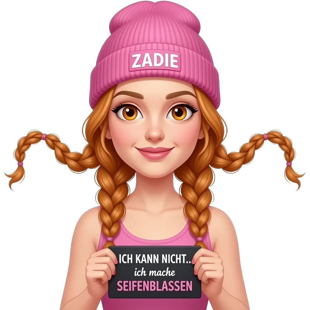 sexy girl with overlong ginger braids and ginger eyes wearing a pink tanktop and a pink beanie with ZADIE written on it, is holding a black sign with ICH KANN NICHT... ich mache SEIFENBLASEN written on it emoji