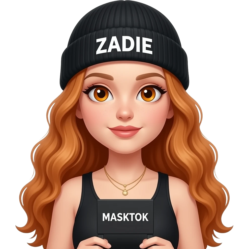sexy girl with overlong wavy ginger hair and ginger eyes wearing a black tanktop and a black beanie with ZADIE written on it, is holding a black sign with just MASKTOK on it emoji
