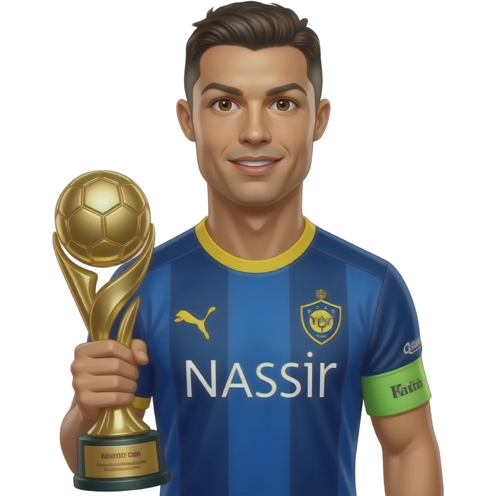 Ronaldo wearing Al nassr club tshirt holding trophy emoji