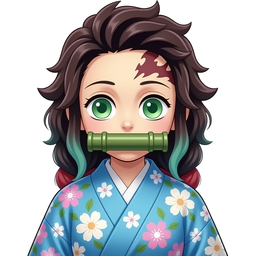 Que se parezca a Nezuco Demon Slayer pero con los ojos verdes el bambú grueso en la boca el kimono azul y flores color pastel emoji