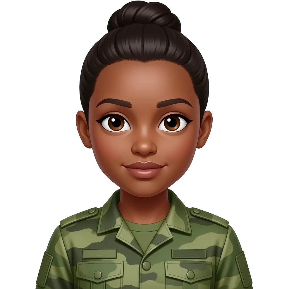 create me a brown girl in a slick back bun in the green army uniform emoji