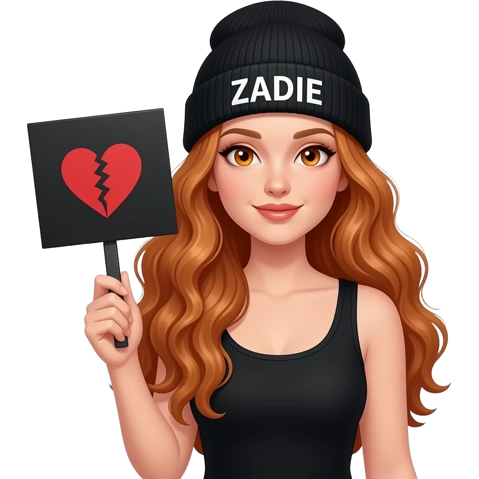 sexy girl with overlong wavy ginger hair and ginger eyes wearing a black tanktop and a black beanie with ZADIE written on it, is holding a black sign with 💔 on it emoji