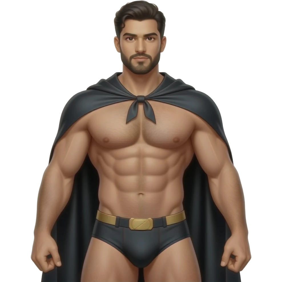 full body arabic-theme male superhero clothless figure with body hair andonly cape and muscular hairy build in thin, narrow underwear with bulge emoji