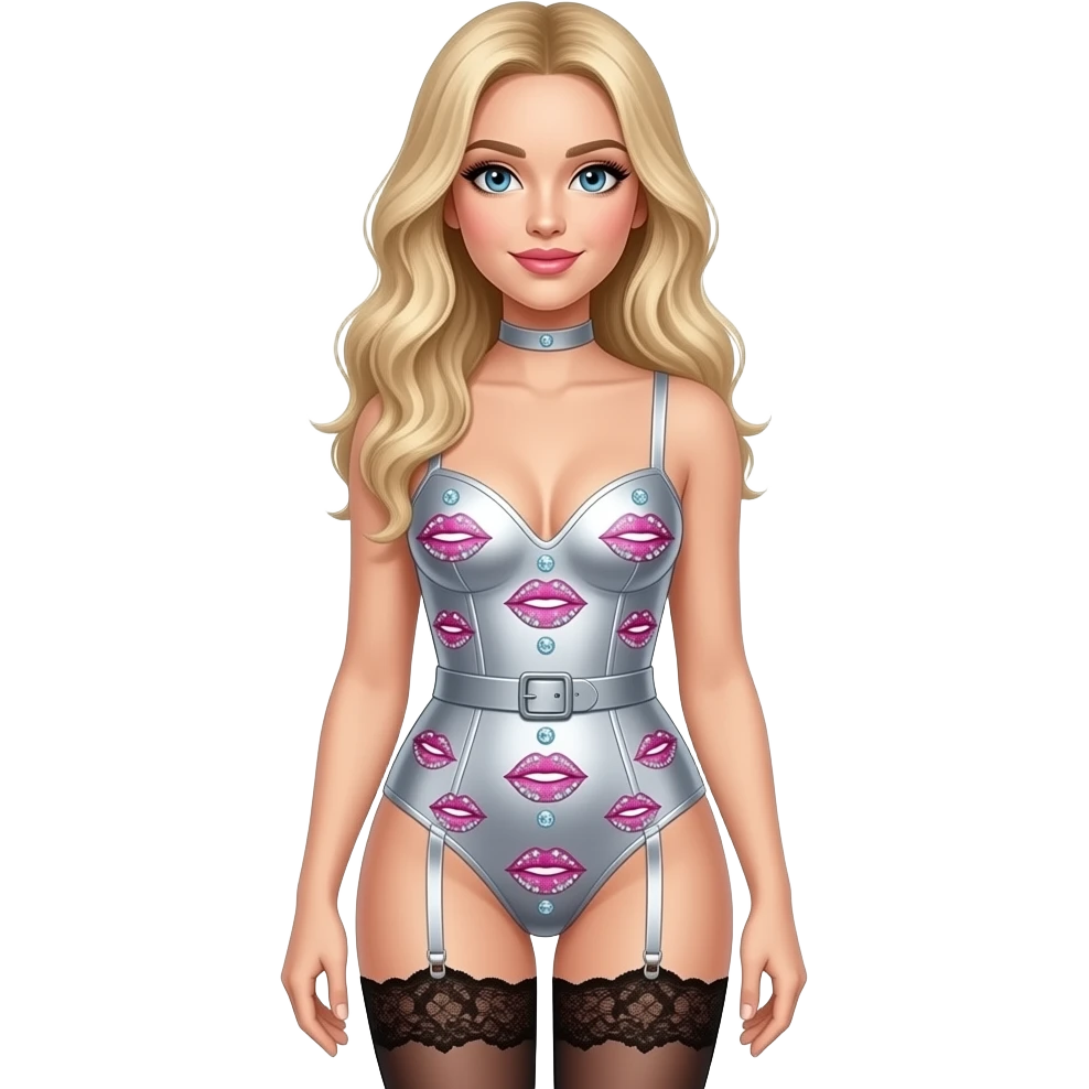 Sabrina Carpenter blonde hair  is wearing a custom  silver bodysuit with tred lips all over it adorned with shimmering crystals. The look is elevated by matching lace-top stockings and a garter belt. Lashes and soft pink lip emoji