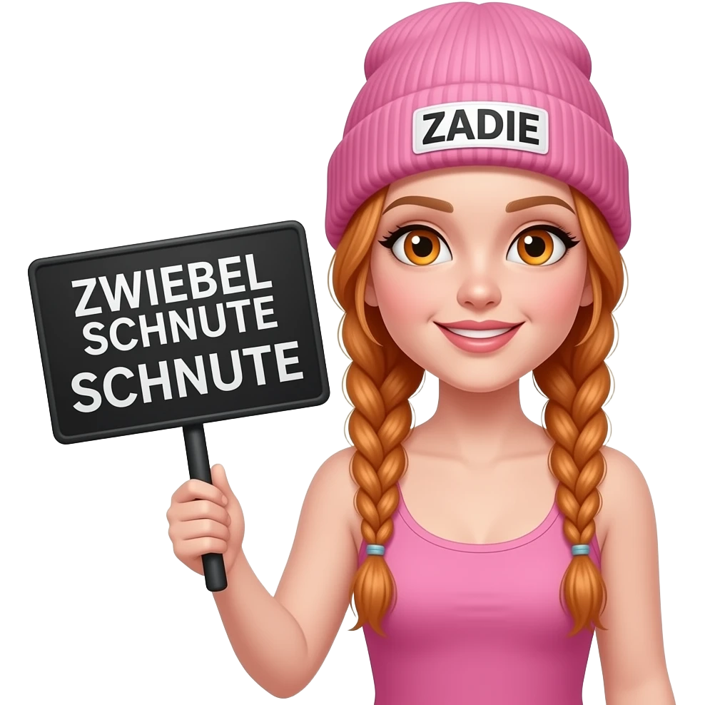 sexy girl with overlong ginger braids and ginger eyes wearing a pink tanktop and a pink beanie with ZADIE written on it, is holding a black sign with ZWIEBEL SCHNUTE written on it emoji