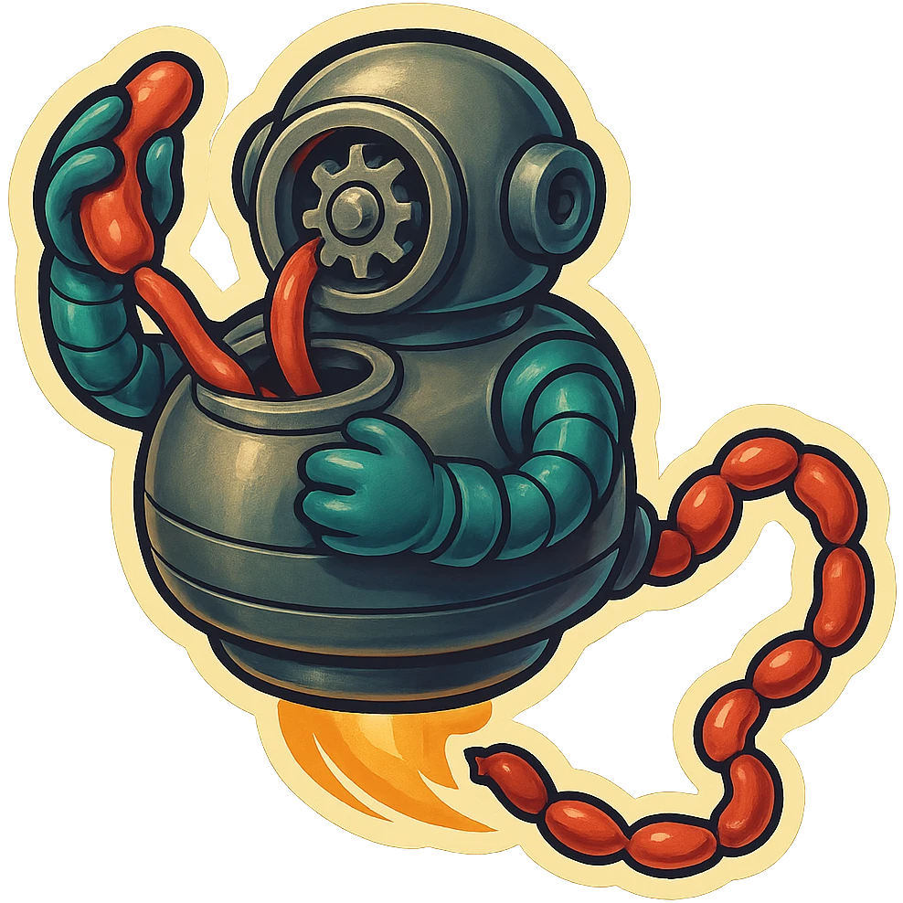  hovering sausage-processing droid in a retro-futuristic style. Its top half is a circular industrial meat grinder with rotating gears and blades. Two robotic arms feed material into the grinder. Sausage links extrude from the rear like a factory line. The body is metallic, compact, and floats above the ground with no legs. Dark humor tone. emoji