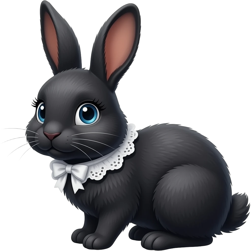 A black bunny with  lashes and a white lace curious emoji
