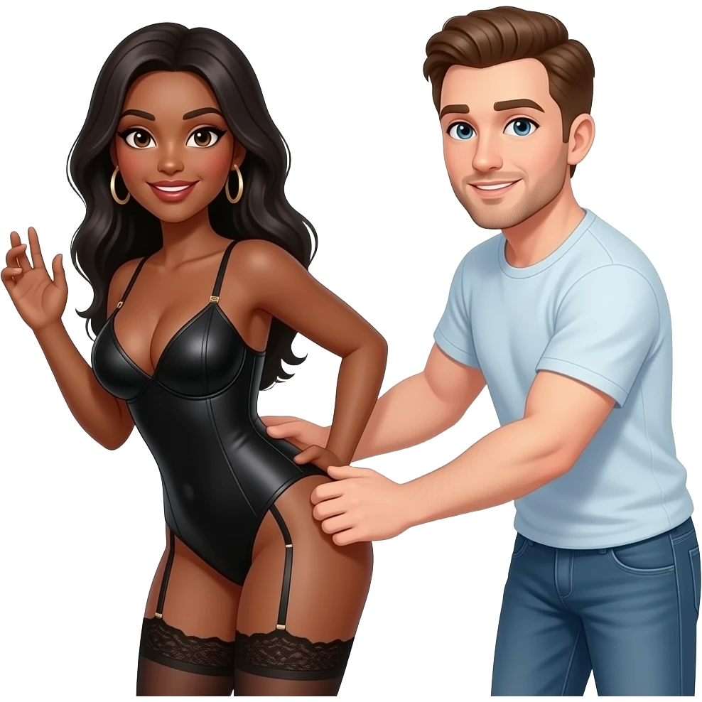 A sexy black woman getting butt slapped by white man with brown hair emoji