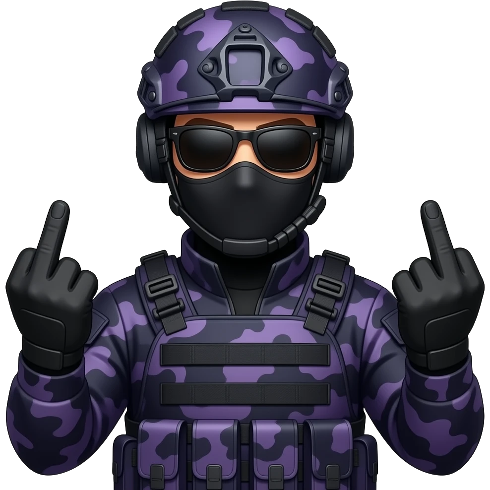 Man in black sunglasses dark purple camoflage tactical gear helmet and mask giving the finger two times emoji