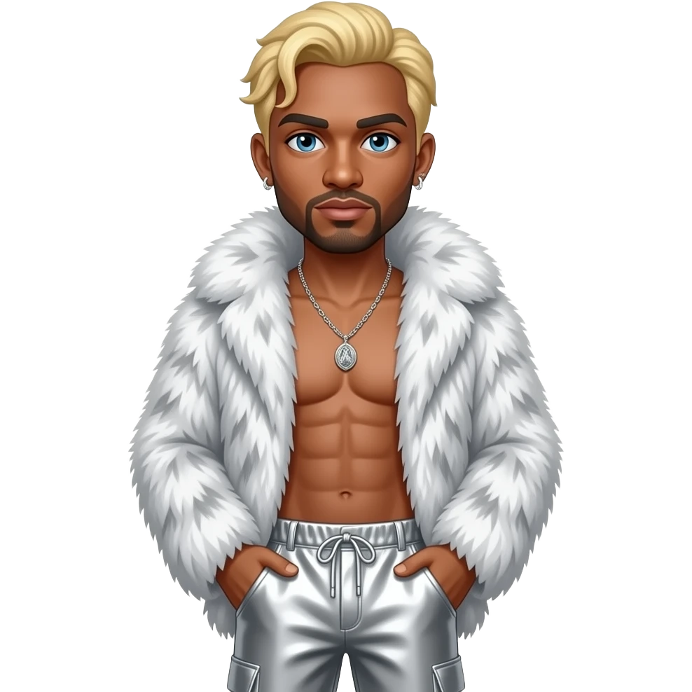 Vanilla Ice, White Rapper with blue eyes, blonde hair, silver fur shawl, silver metallic baggy pants, shirtless with necklace and earrings emoji