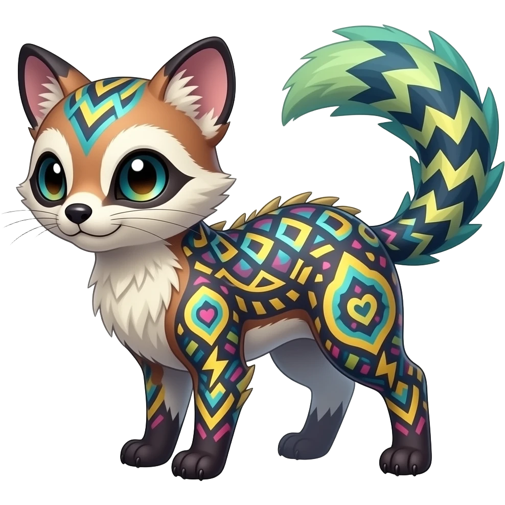 Colorful scaly spunky elegant thin Realistic tall slim unique fantasy original shiny edgy cool Civet-Absol-Sprigatito-Vaporeon-Fakémon-hybrid with tribal chevron heart floral lightning bolt strikes damask paisley markings emoji