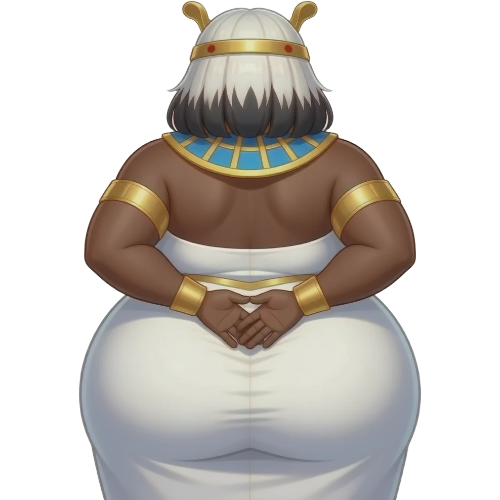 African Anime extremely fat big booty a white hair female creature cosplaying Egyptian girl showing back her buttocks with putting her hands behind her back with her white dress emoji