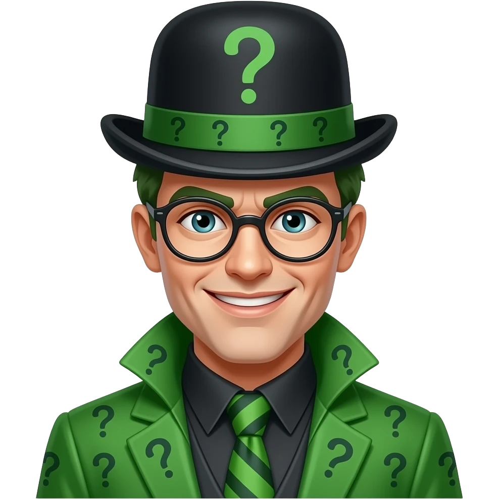 The riddler, derby hat, green with question marks. emoji