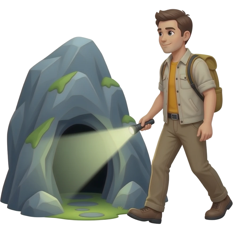 ⛰️🕳️⬅️+🚶🏻‍♂️🔦 emoji