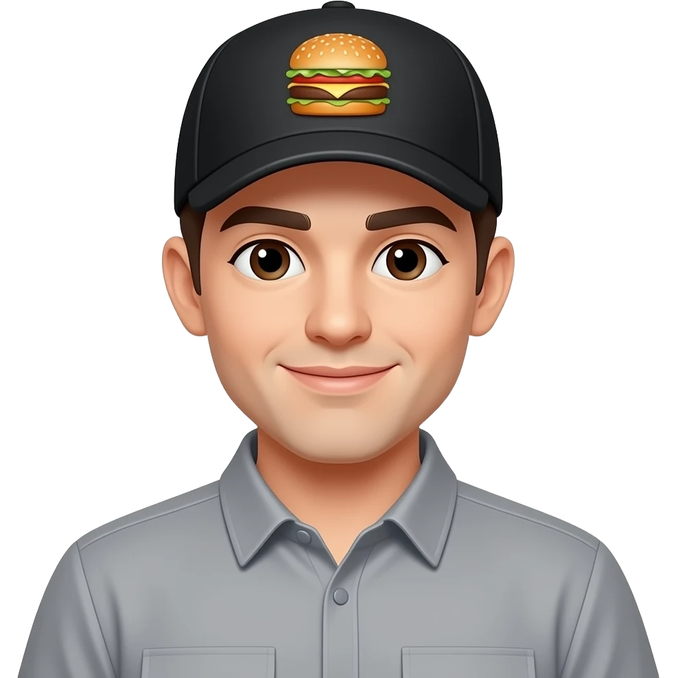 A burger joint employee in a gray uniform with a black burger cap emoji