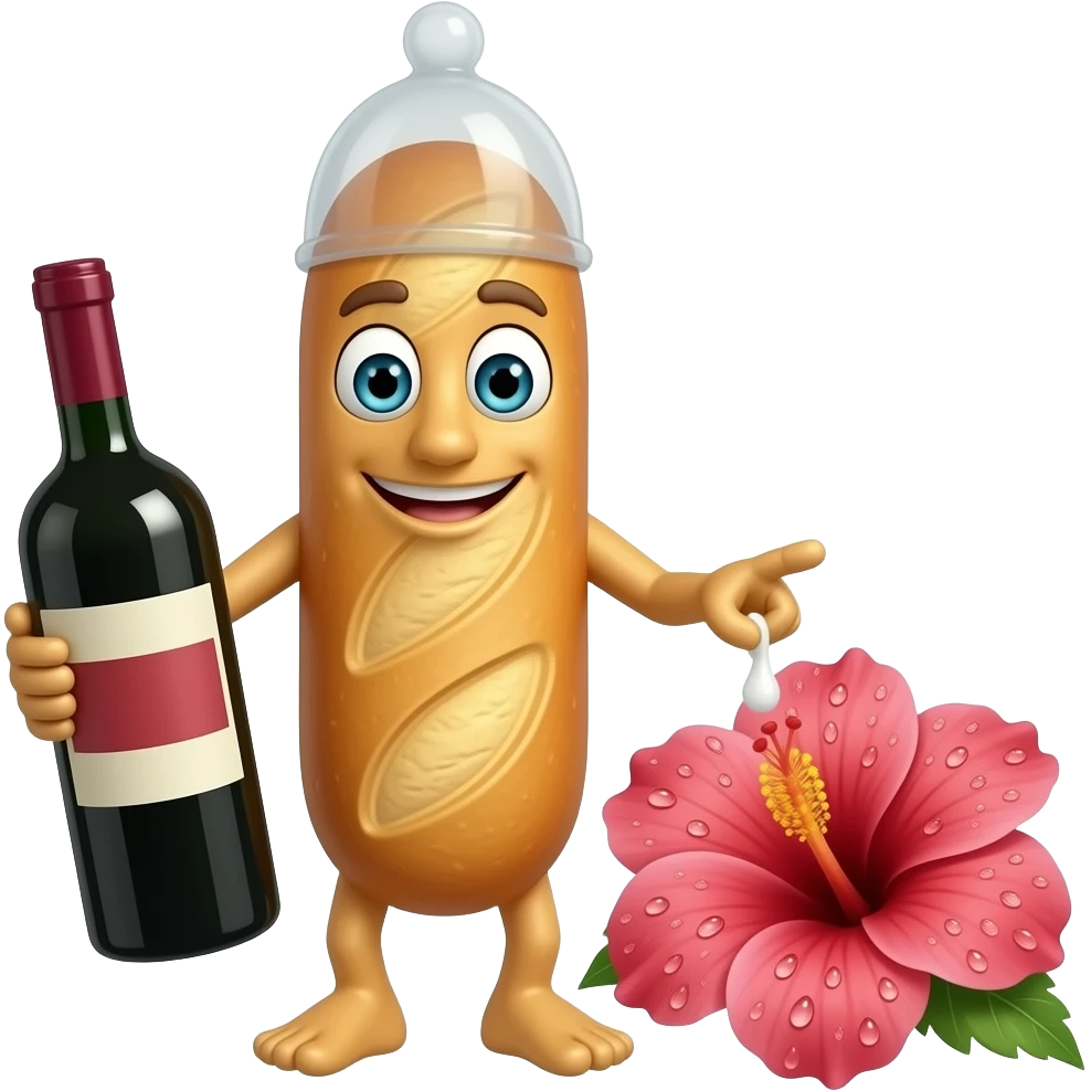 Baguette avec bouche yeux et bras, avec un preservatif sur le haut de la tete et une bouteille de vin dans la main. L'autre main a 2 doigts tendus et collés touchant le centre d'un hibiscus qui a beaucoup de gouttes d'eau sur les petales. Le bout du preservatif est rempli d'un liquide blanc emoji